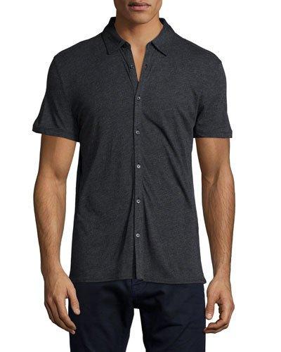 Short-sleeve Knit Button-down Shirt, Charcoal