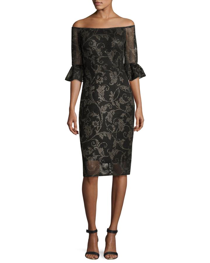 Off-the-shoulder Printed Mesh Cocktail Dress, Black