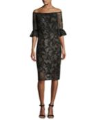 Off-the-shoulder Printed Mesh Cocktail Dress, Black