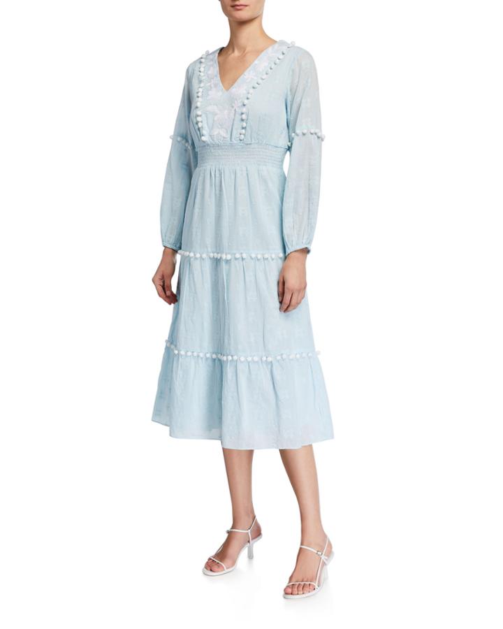 Embroidered Pompom Pompom Midi Dress, Blue