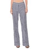 Striped Straight-leg Cotton Pants, White/blue