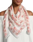 Skull-print Silk Bandana Scarf, Pink/white