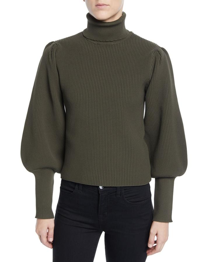 Ribbed Bishop-sleeve Turtleneck