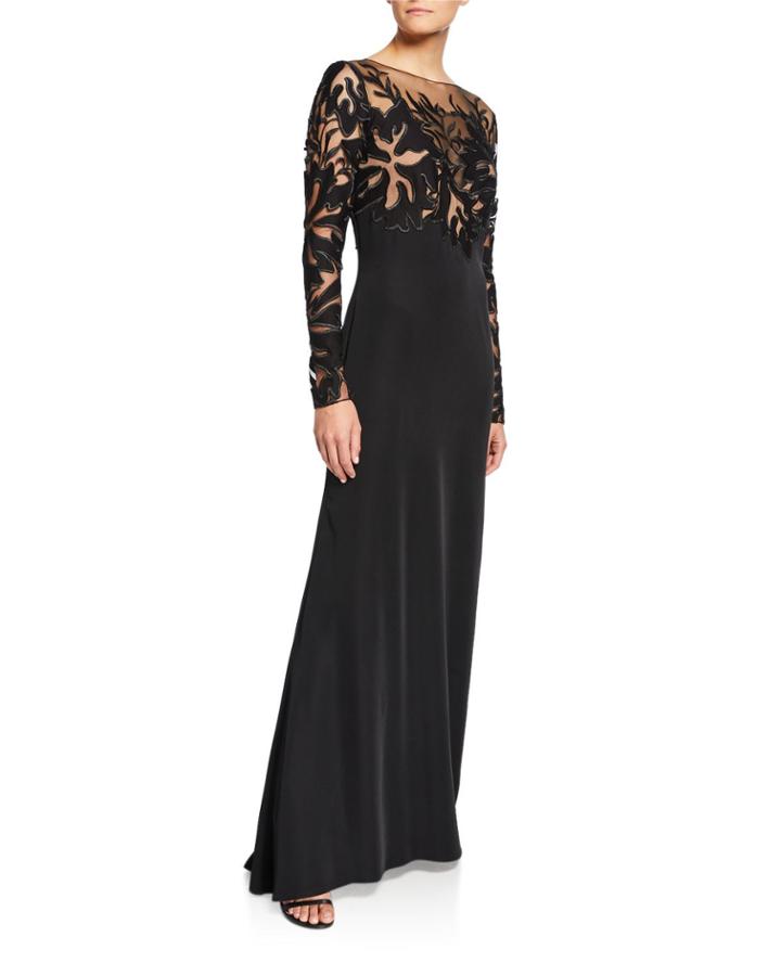 Lace Illusion Long-sleeve Crepe Gown
