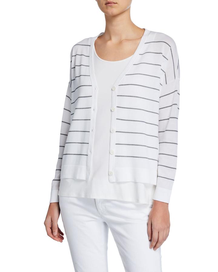 Striped V-neck Button-front Boxy Cardigan