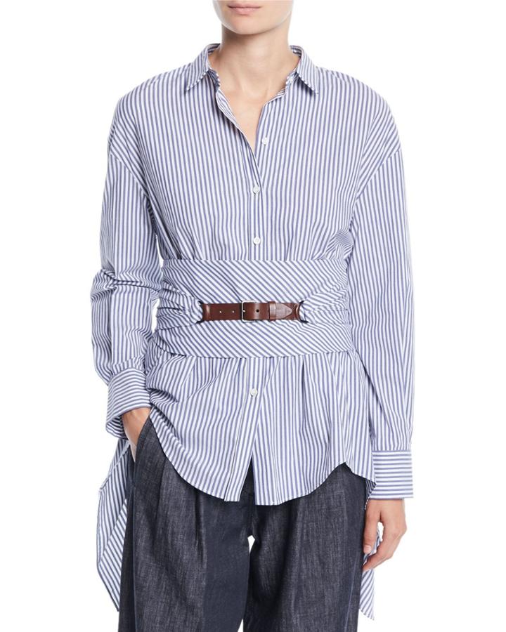 Button-down Striped Cotton Poplin Blouse With Wrap Belt