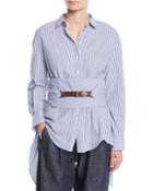 Button-down Striped Cotton Poplin Blouse With Wrap Belt
