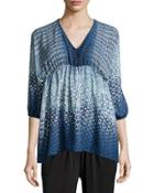 Geometric-print V-neck Blouse, Blue/multi
