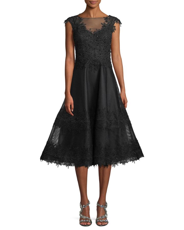 Beaded-trim Mesh Lace Cocktail Dress