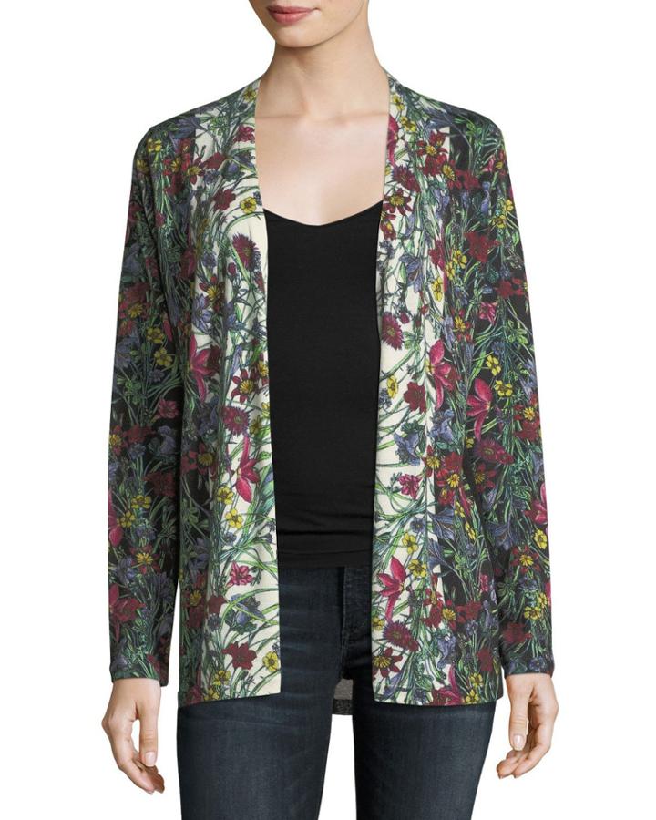 Floral-print Cashmere Cardigan W/ Solid