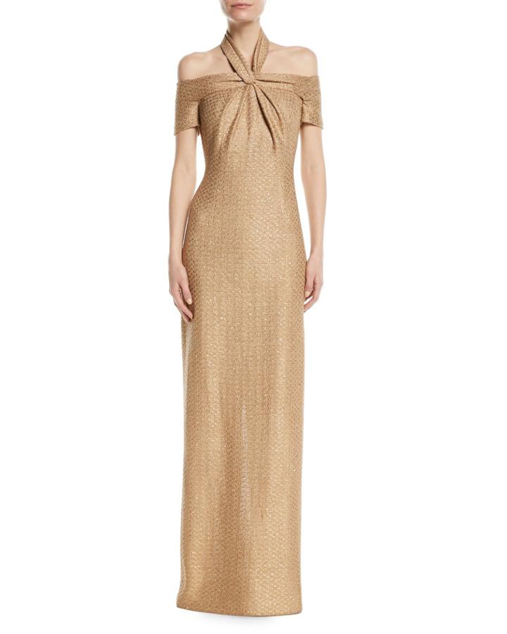 Glimmer Knit Sequin 3/4-sleeve Halter Gown