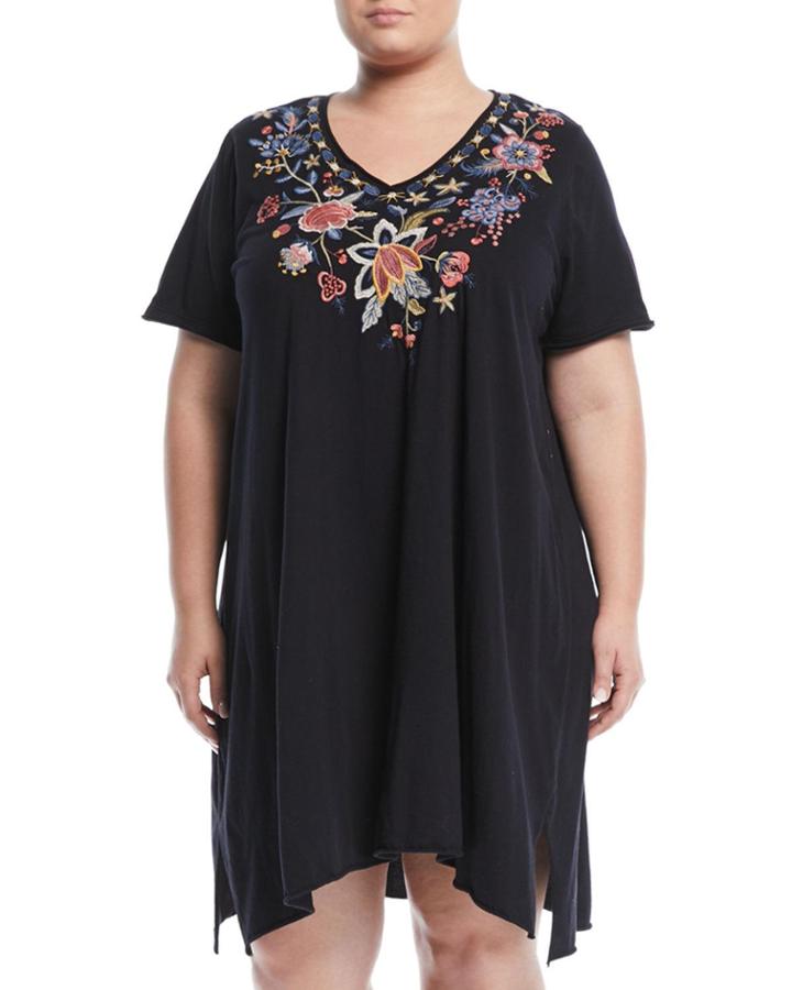Tivva Jersey V-neck Draped Embroidered Tunic Dress,