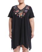 Tivva Jersey V-neck Draped Embroidered Tunic Dress,