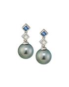 18k Sapphire, Diamond & Tahitian Pearl Drop Earrings,