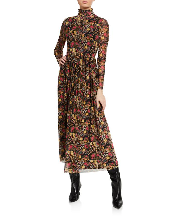 Floral Mock-neck Long-sleeve Dress