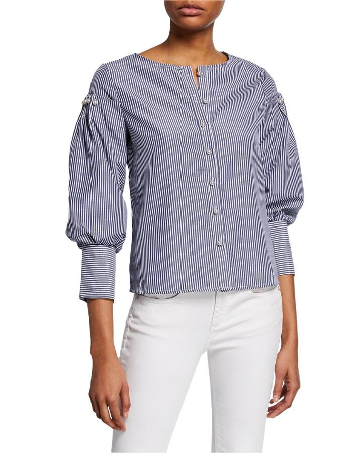 Striped Button-front Balloon-sleeve Top With Pearlescent Details