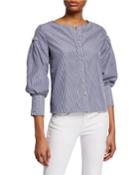 Striped Button-front Balloon-sleeve Top With Pearlescent Details