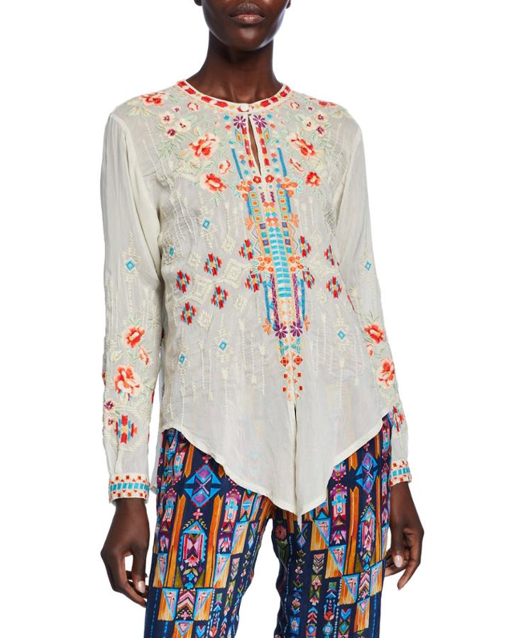 Donya Embroidered Tie-front Long-sleeve Top