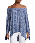 Off-the-shoulder Graphic-print Top, Blue/white