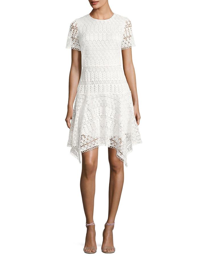 Laguna Short-sleeve Lace Handkerchief Dress, Ivory