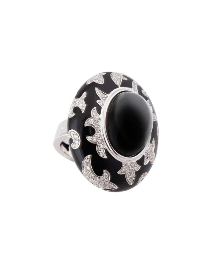 18k White Gold Onyx, Diamond & Enamel Ring, Black,