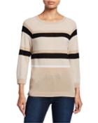 Tricolor Striped 3/4-sleeve Crewneck Top
