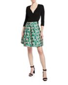 Jewel 3/4-sleeve Wrap Dress W/ Leaf-printed
