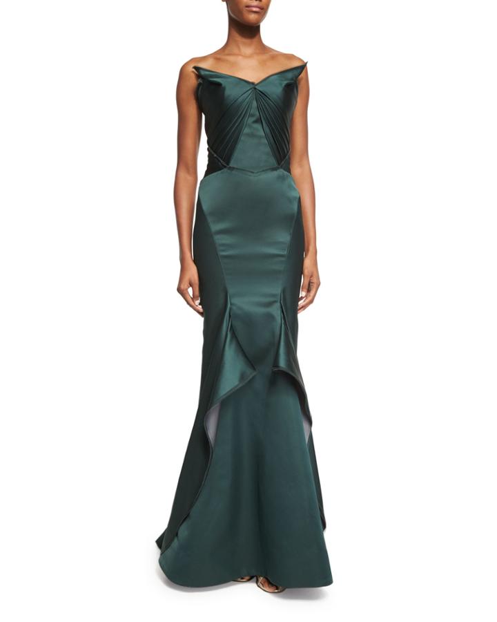 Pleated Strapless Satin Trumpet Gown, Emerald