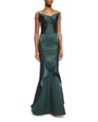 Pleated Strapless Satin Trumpet Gown, Emerald