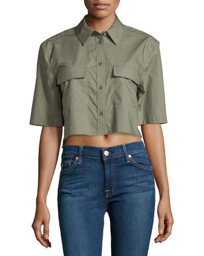 Signature Cropped Short-sleeve Blouse, Dusty Olive