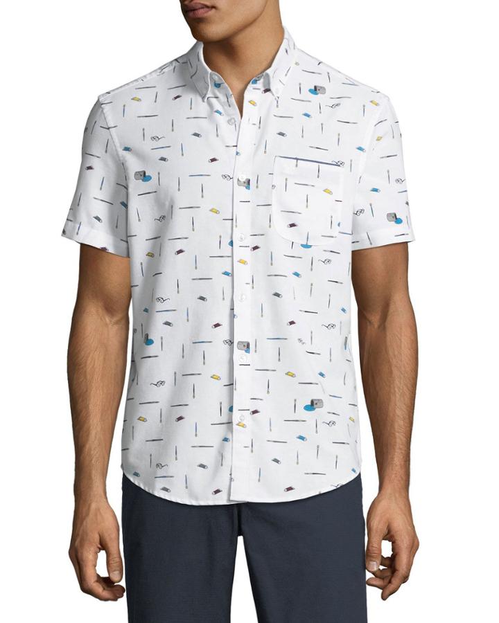 Men's Paintbrush-print Short-sleeve Button-front Casual