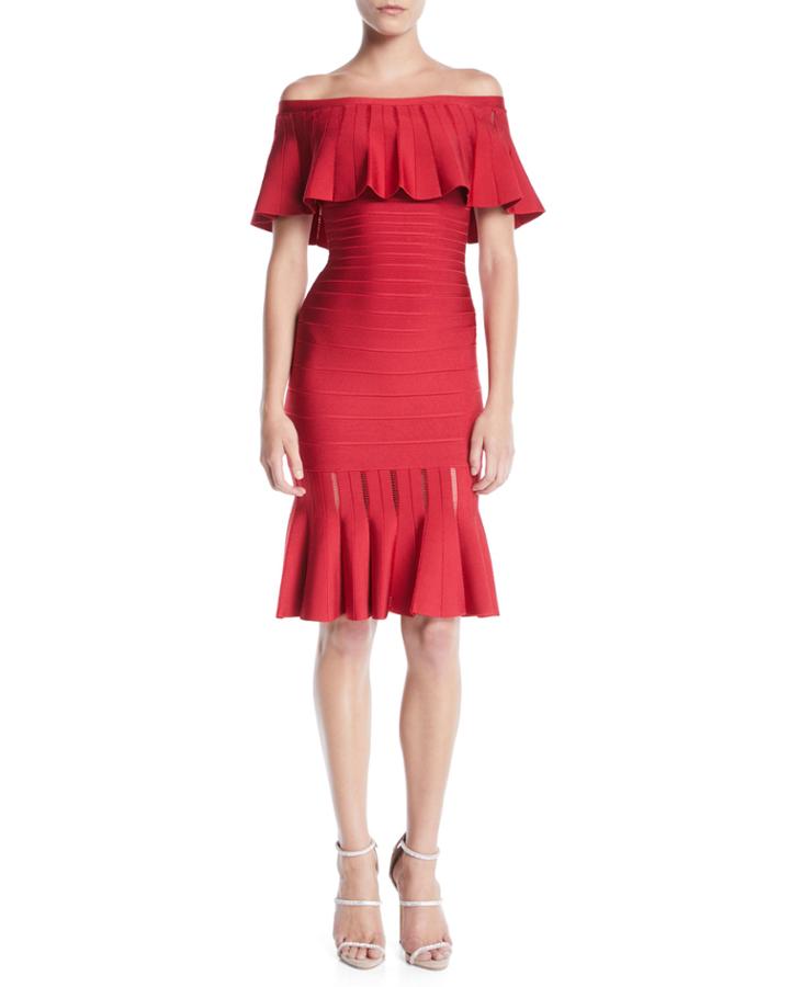 Off-the-shoulder Bandage Flutter-hem Cocktail Dress