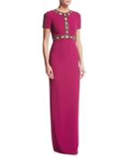 Short-sleeve Beaded Cutout Gown