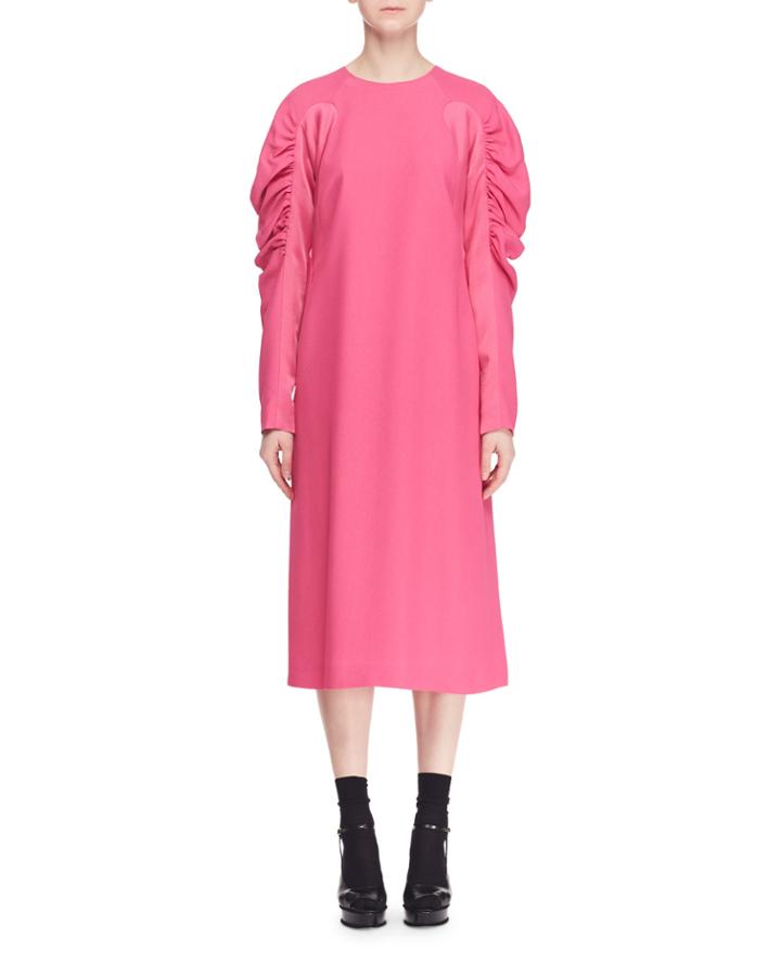 Ruched Long-sleeve Crewneck A-line Crepe Dress