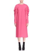 Ruched Long-sleeve Crewneck A-line Crepe Dress