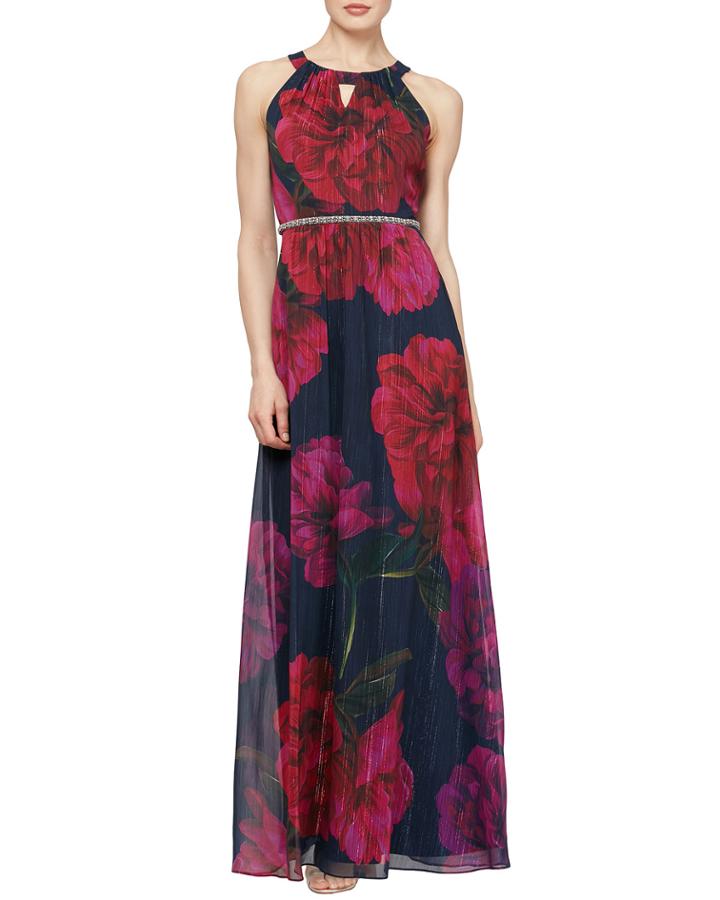 Halter Neck Metallic Floral Print