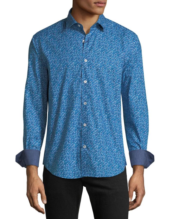 Classic-fit Scribble Sport Shirt, Turquoise