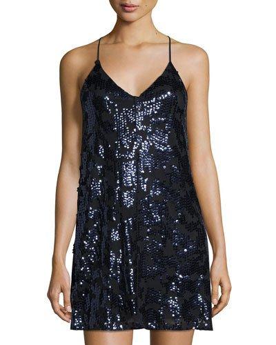 Sequined Mesh Shift Dress, Black