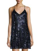 Sequined Mesh Shift Dress, Black