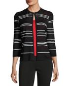 3/4-sleeve Striped Knit Jacket, Black/white