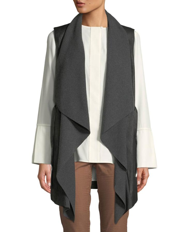 Draped Ribbon-tie Leather & Wool-blend Vest
