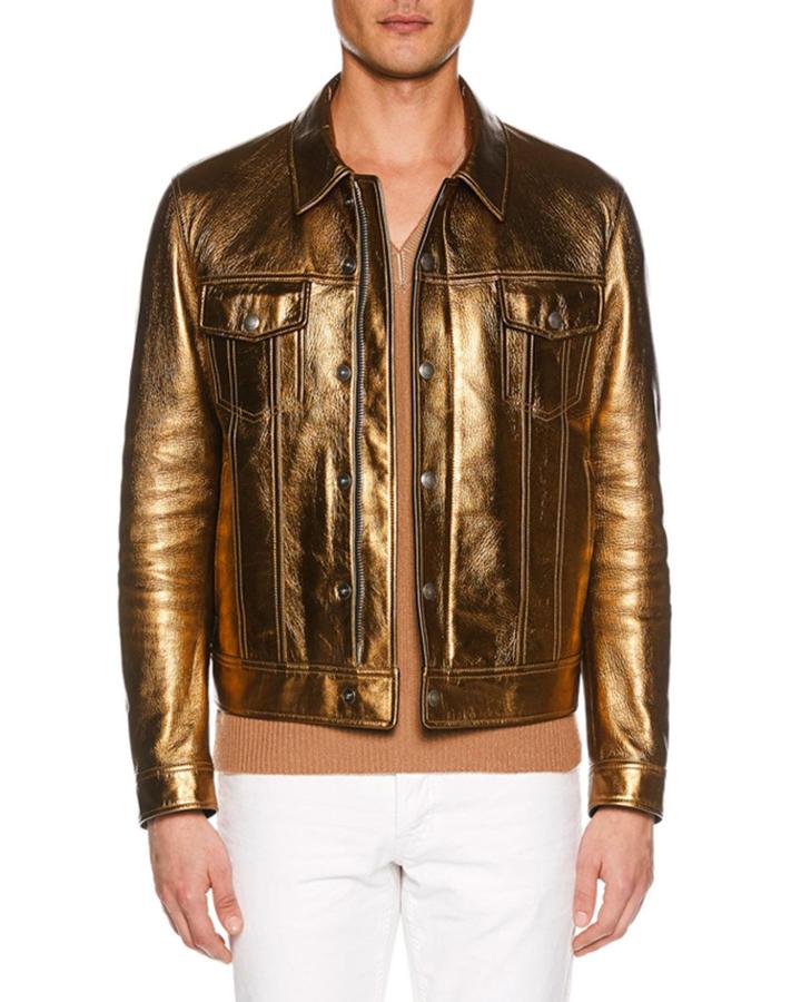 Men's Metallic Leather Jean Jacket