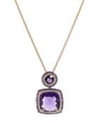 18k Yellow Gold Diamond And Amethyst Square Pendant Necklace