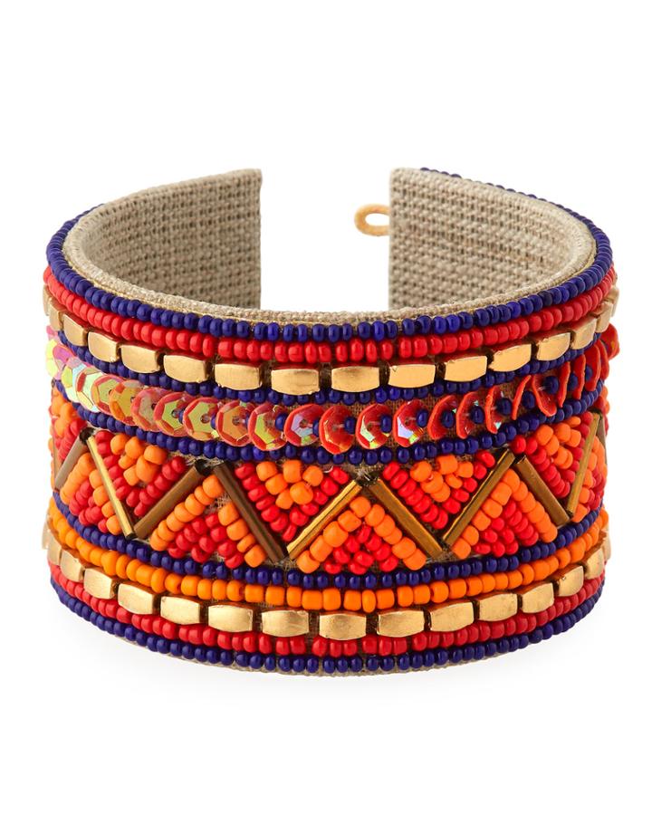 Geometric Beaded Cuff, Blue/orange