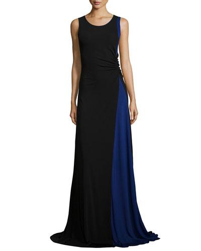 Colorblock Ruched Jersey Gown, Black/bluette
