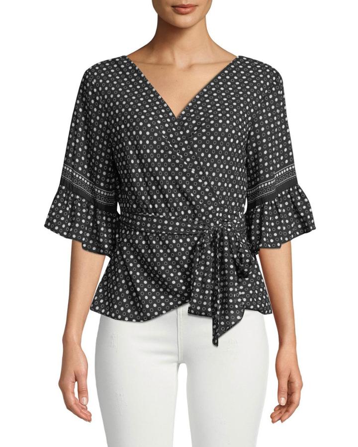 Polka-dot Ruffle-sleeve Wrap Top