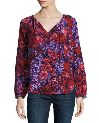 Print Silk Long-sleeve Tie-neck Top, Burnt Red