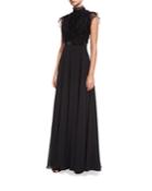 Mock-neck Lace Overlay Embellished Evening Gown