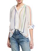 Gathered-neck Striped Button-down Top