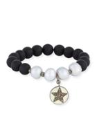 Onyx & Pearl Beaded Stretch Bracelet W/ Diamond Star &